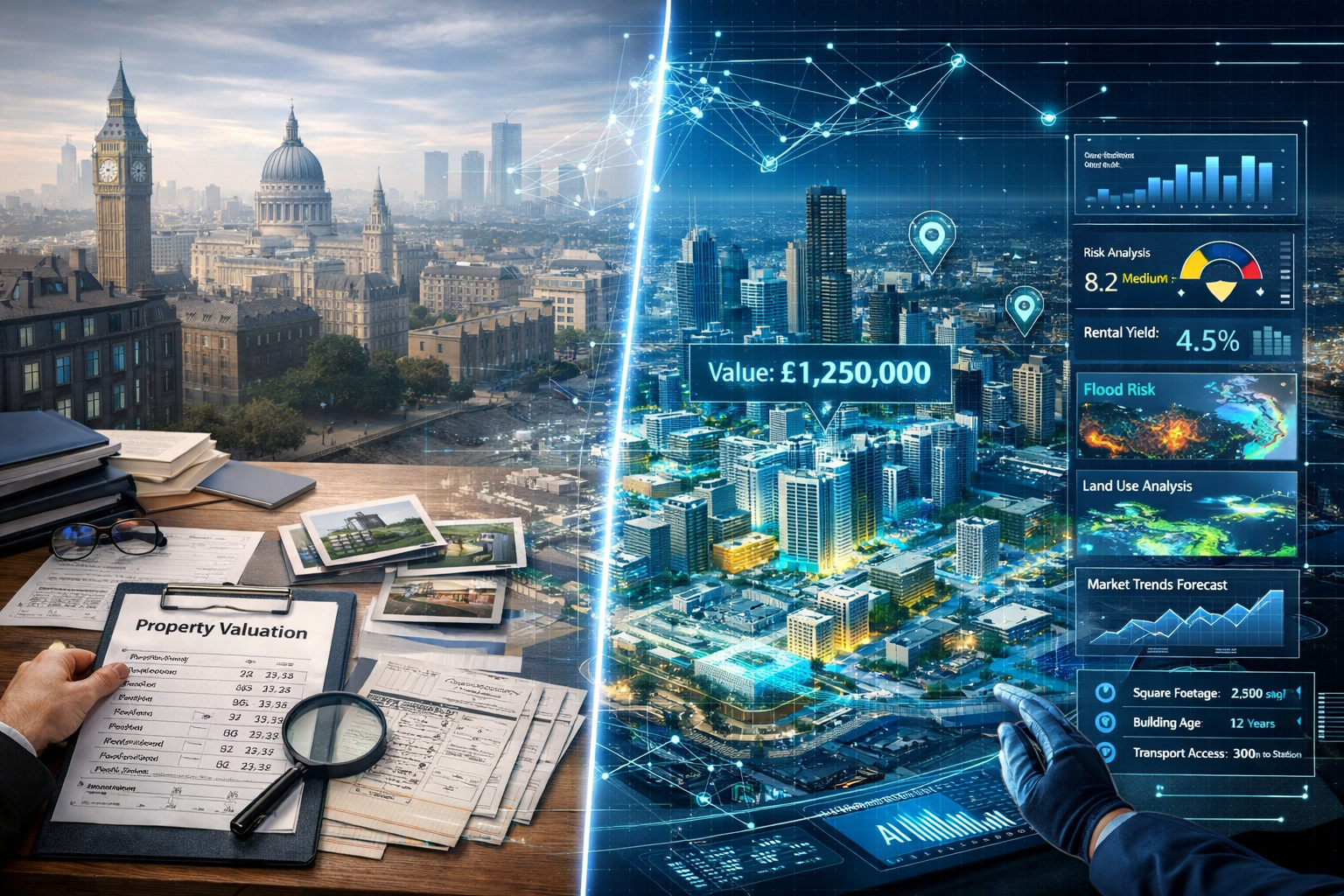 A sophisticated digital landscape visualization depicting GeoConnect Technology's early valuation insights for complex UK