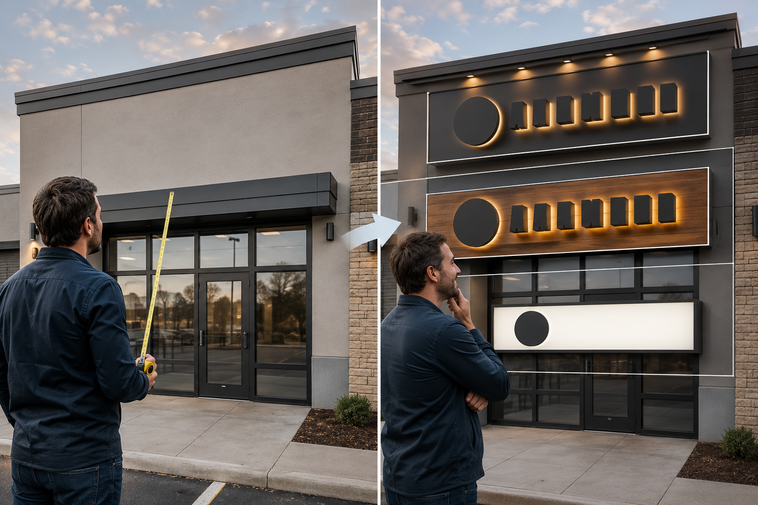 Editorial split-screen image: on the left, a business owner studies a blank storefront with a measuring tape; on the right, the same storefront is overlaid with an AI-generated preview of a custom sign showing channel letters and a lightbox in varied colors and proposed scale.