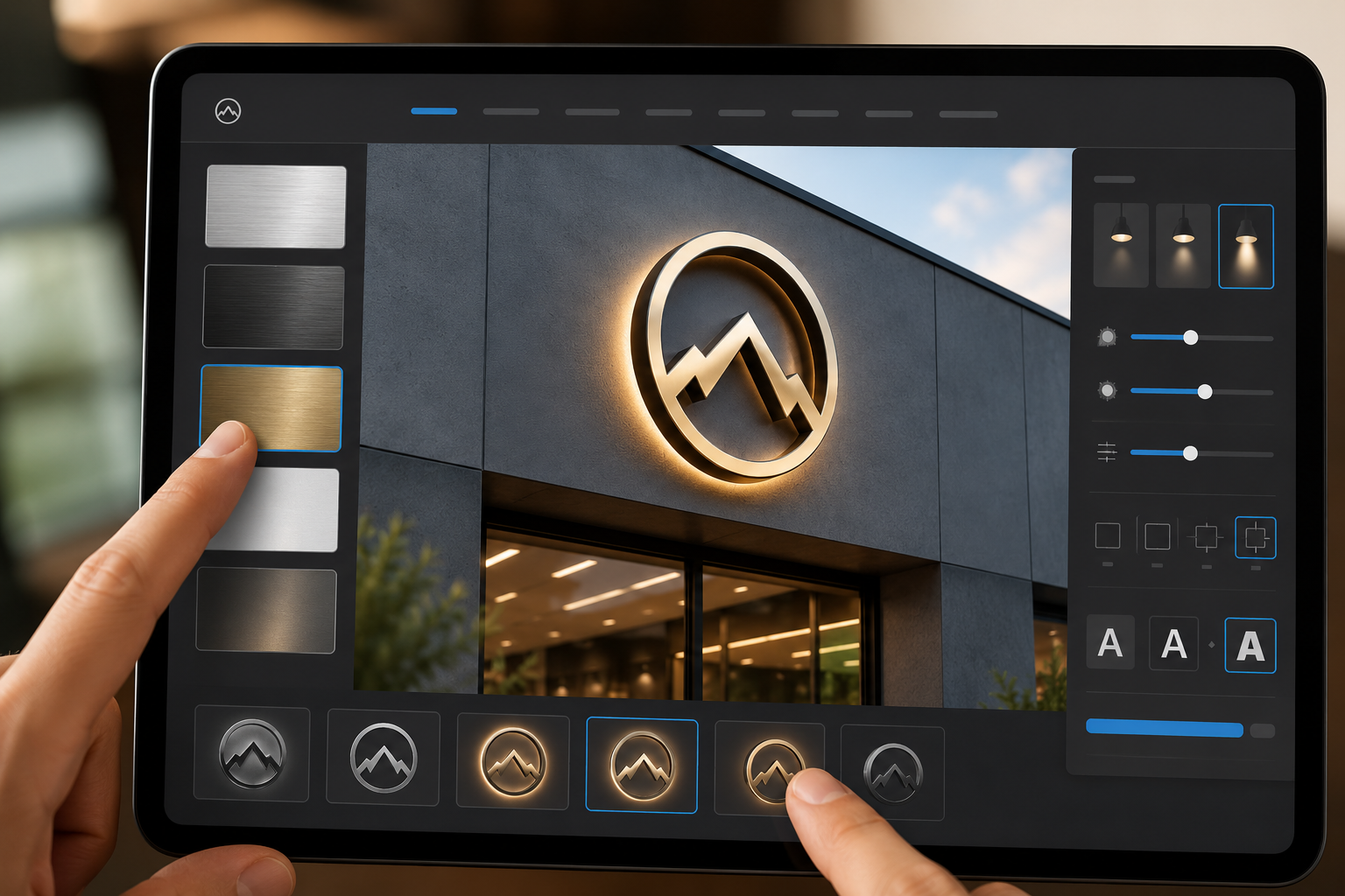 Editorial close-up image: a tablet displaying Signage.com's Design Studio interface, showing a detailed AI mockup of a custom sign on a building facade with interactive controls for material, illumination, and text styles, with a hand gesturing toward the preview.