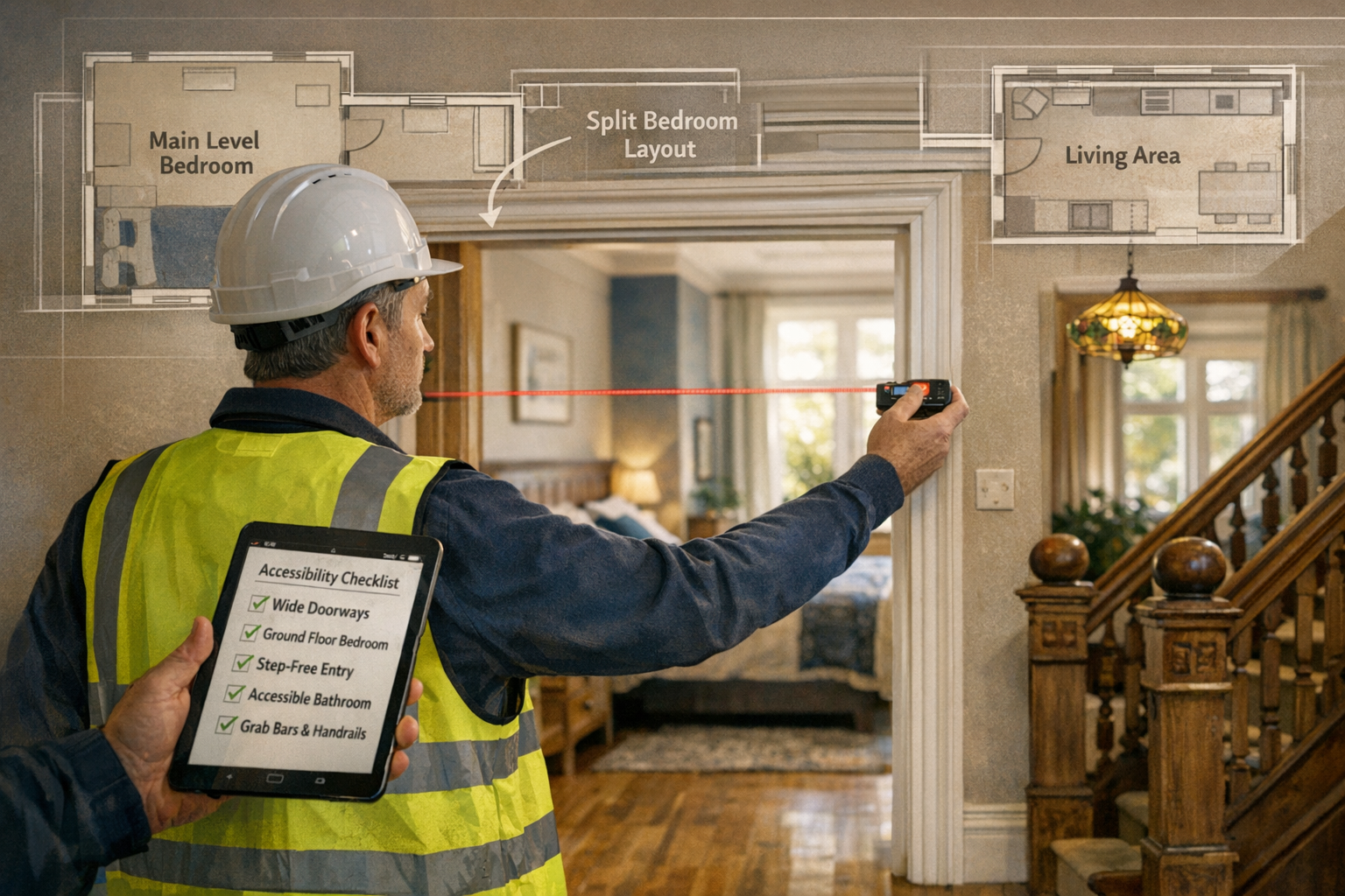 Detailed () image showing professional surveyor conducting interior inspection of multi-generational home, measuring doorway