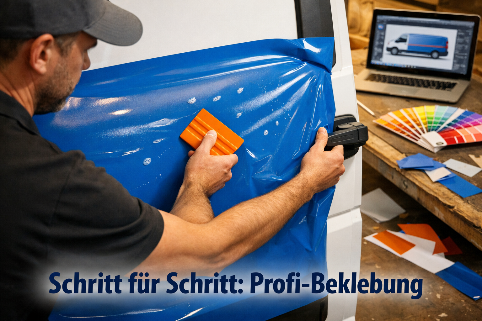 () showing a close-up overhead view of a Werbetechniker applying a large vinyl Folie to the side door of a