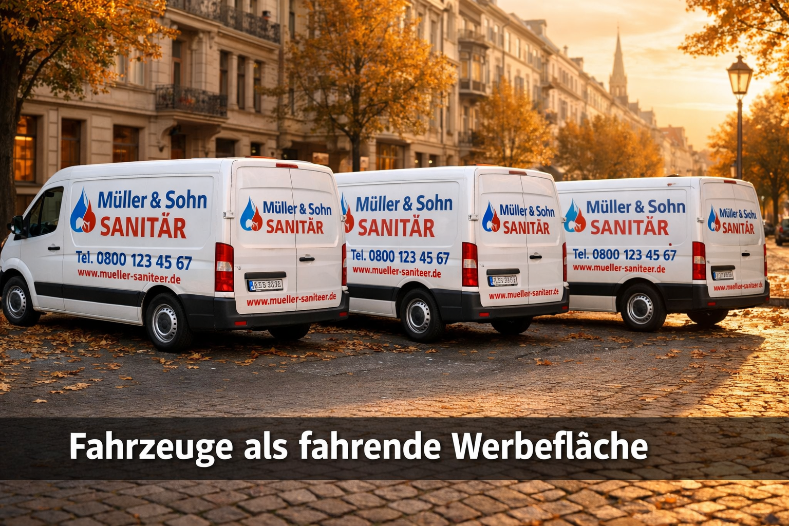 () showing a row of three identical Handwerker-Transporter vans parked in a German city street, each with professional