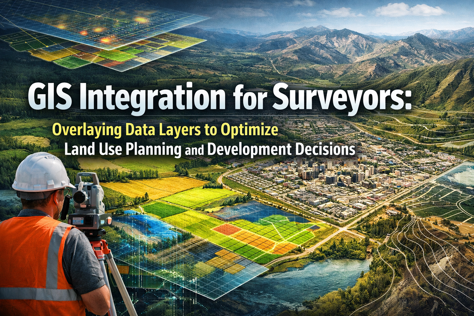 Professional landscape hero image (1536x1024) with bold text overlay: "GIS Integration for Surveyors: Overlaying Data Layers to Optimize Lan
