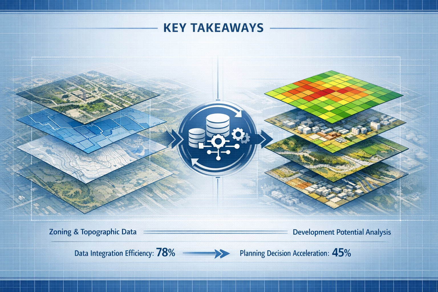 Key Takeaways section infographic: Split-screen visualization displaying interconnected data layers with transparent overlays, showcasing GI