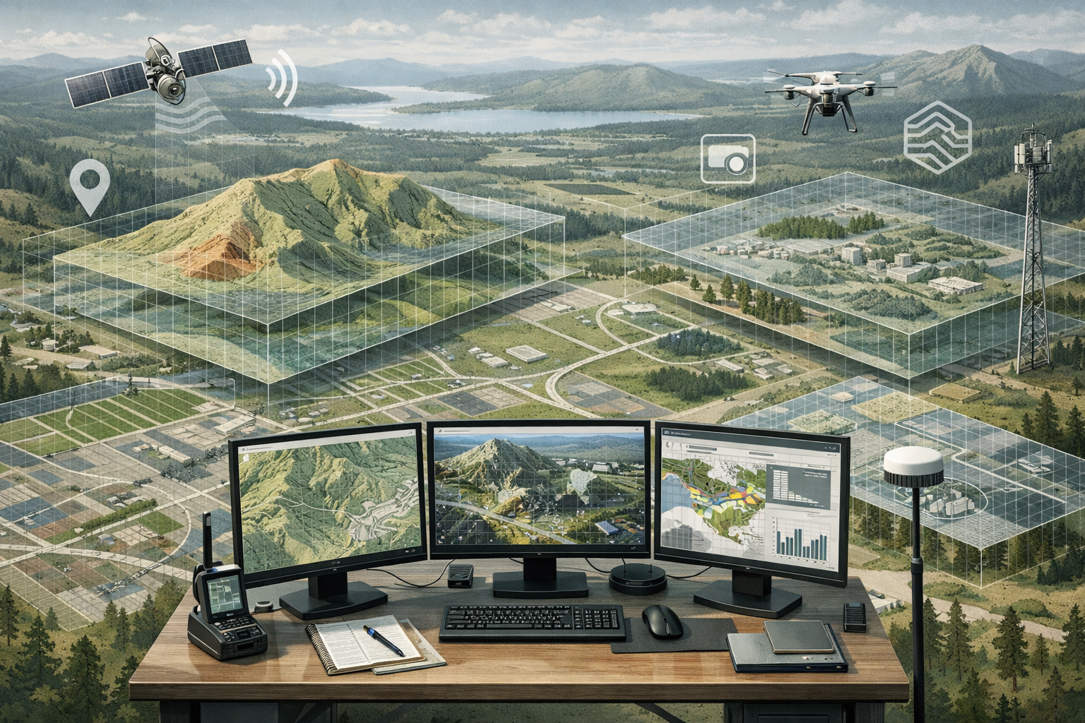 Understanding GIS Integration section technical landscape illustration: Expansive overhead drone perspective revealing complex landscape wit