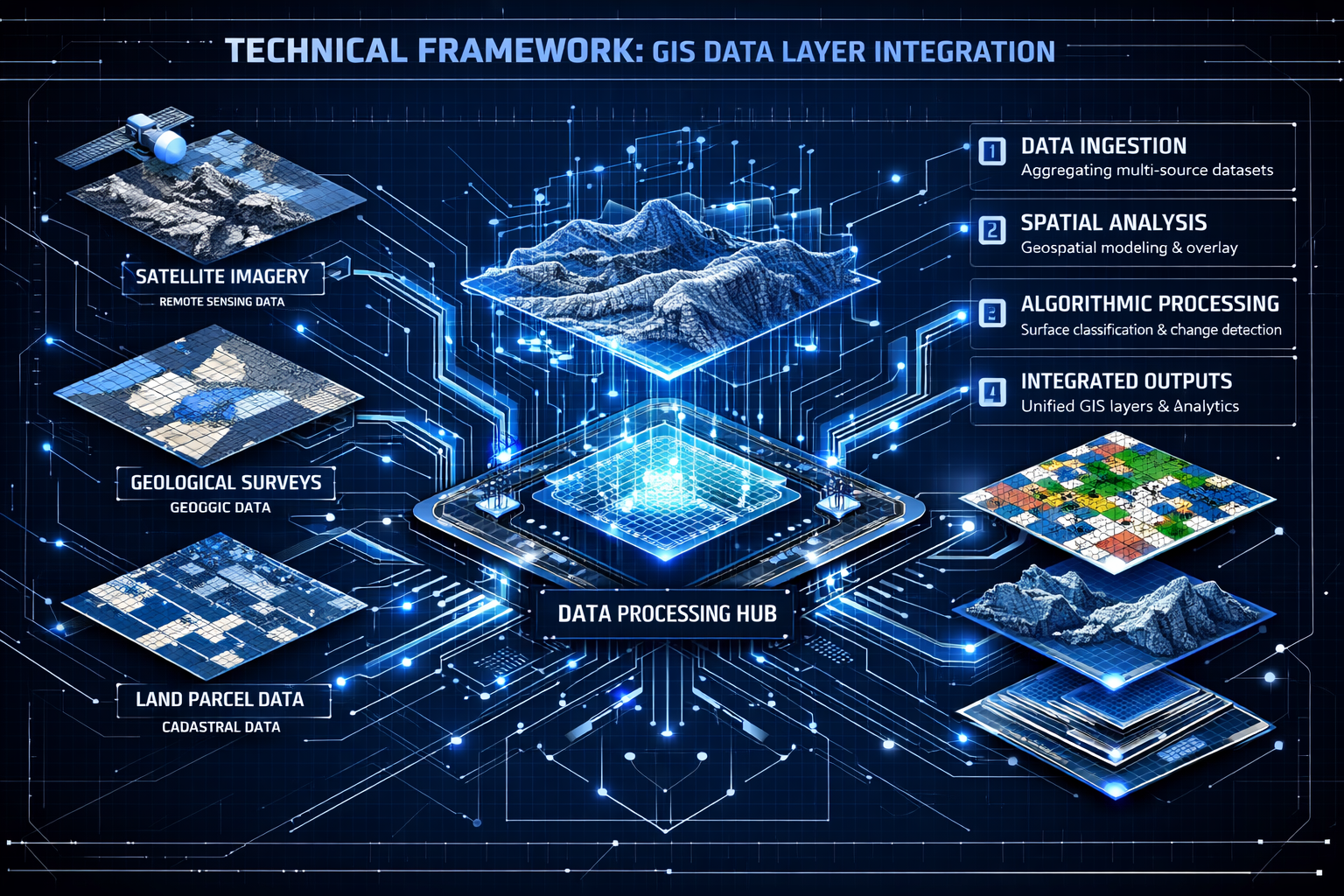 Technical Framework section schematic visualization: Intricate technical diagram demonstrating GIS data layer integration workflow. Isometri