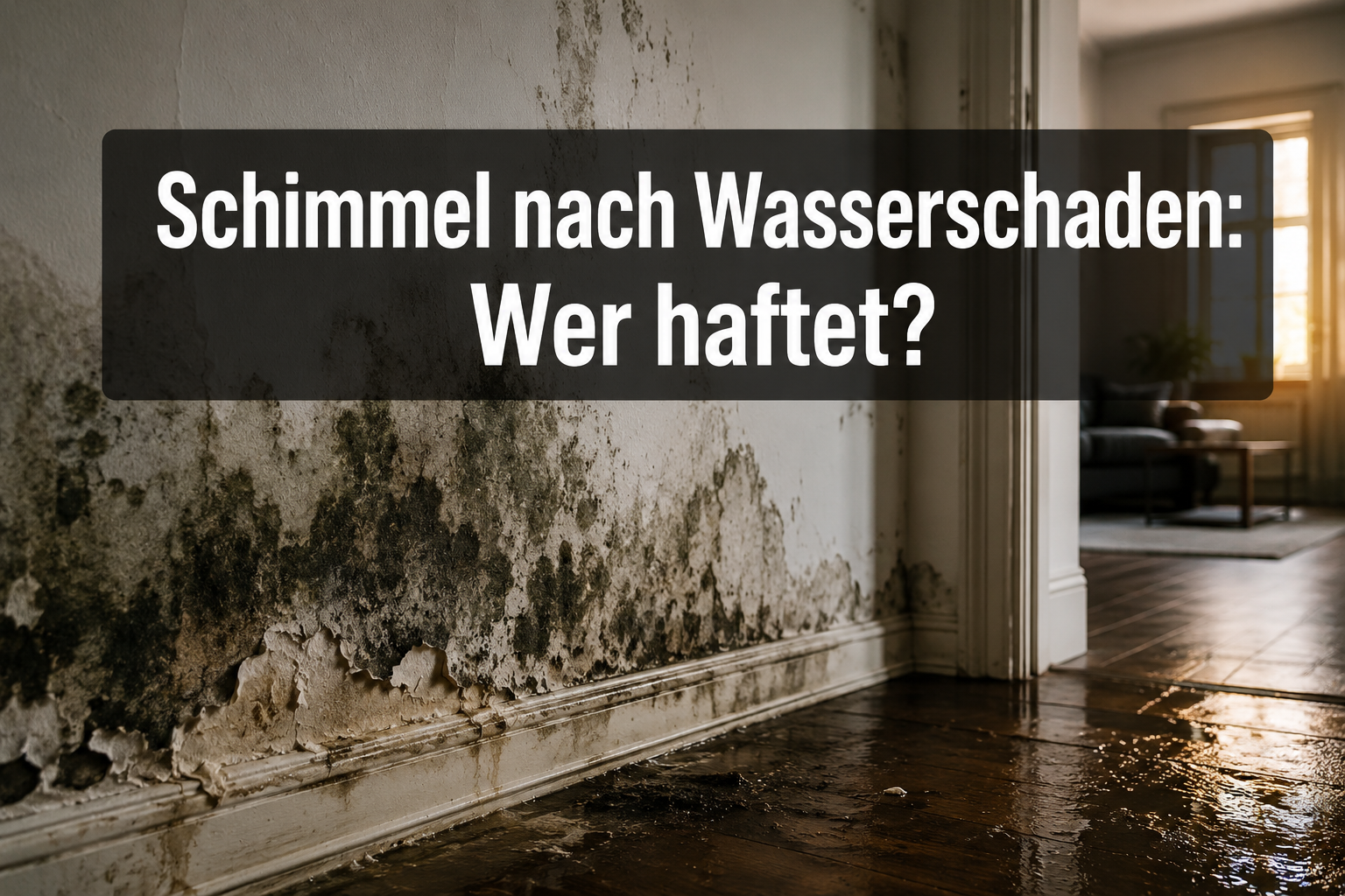 Professional () hero image with 'Schimmel nach Wasserschaden: Wer haftet?' in white on a semi-transparent dark charcoal bar,