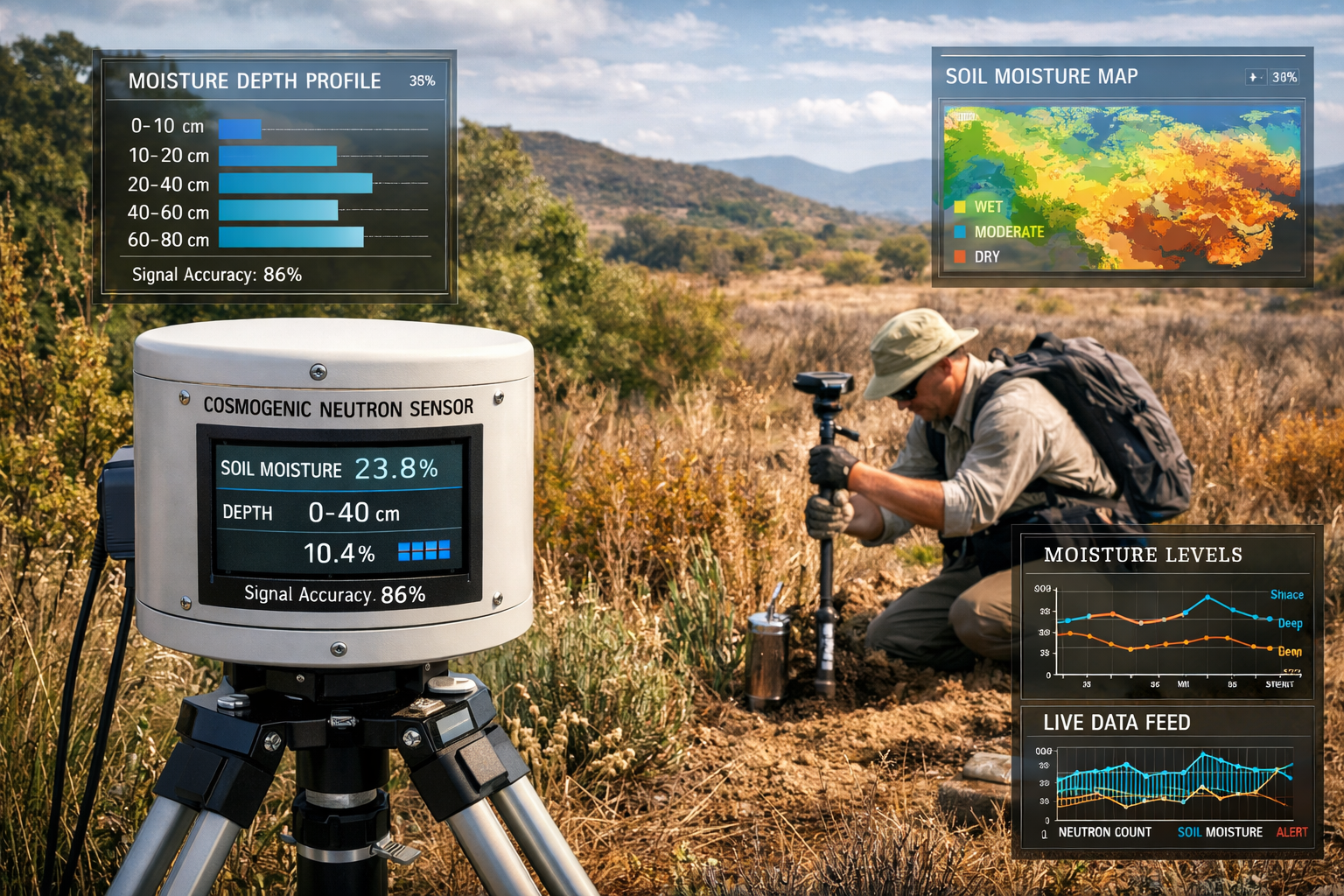 Detailed landscape format (1536x1024) image showing advanced soil moisture detection equipment in active field use during 2026 biodiversity 