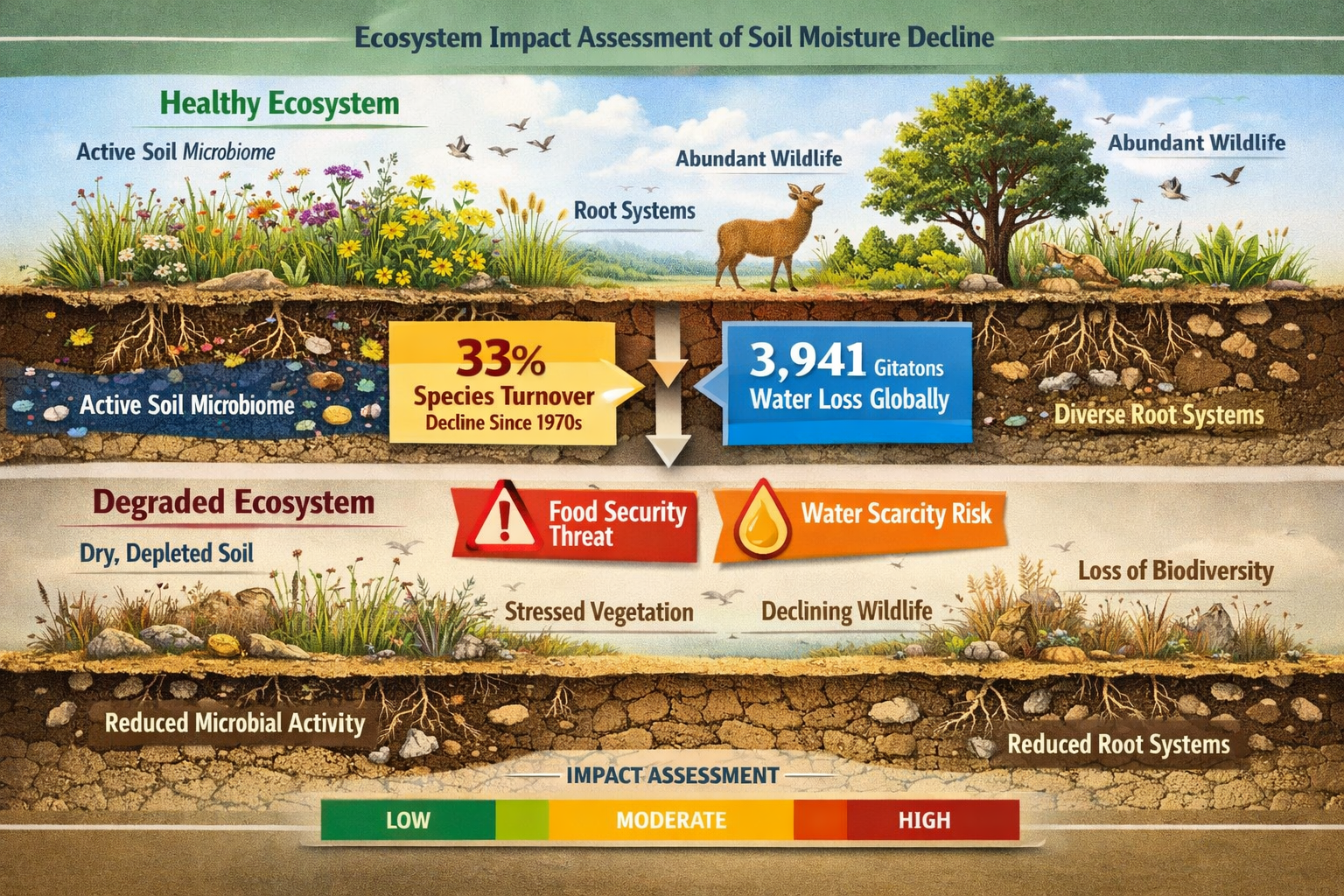 Comprehensive landscape format (1536x1024) infographic illustration demonstrating ecosystem impact assessment methodology for soil moisture 