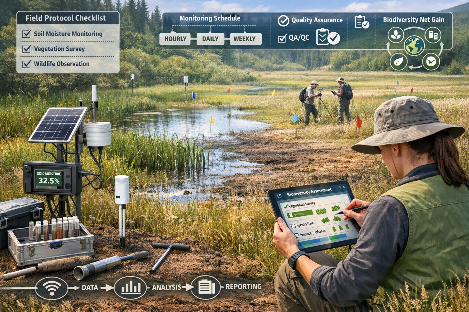 Detailed landscape format (1536x1024) composite image showcasing 2026 field protocol implementation for biodiversity impact assessment relat