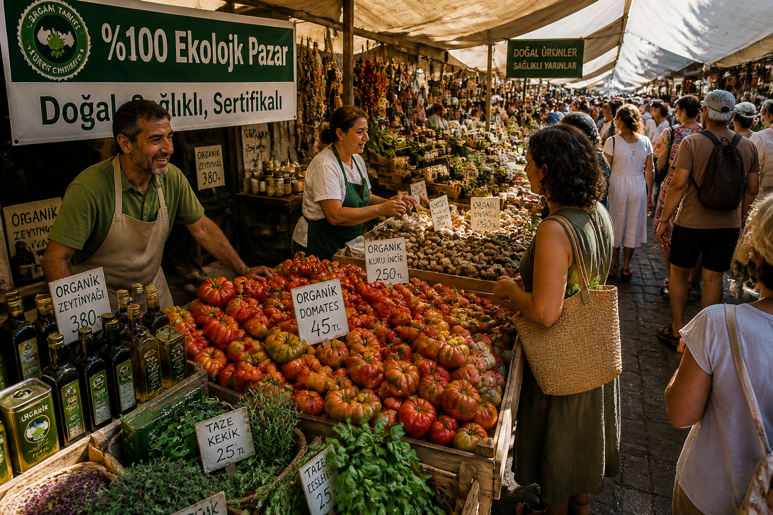 () editorial image showing a busy Turkish certified organic farmers market &mdash; the 100% Ecological Market &mdash; with wooden stalls