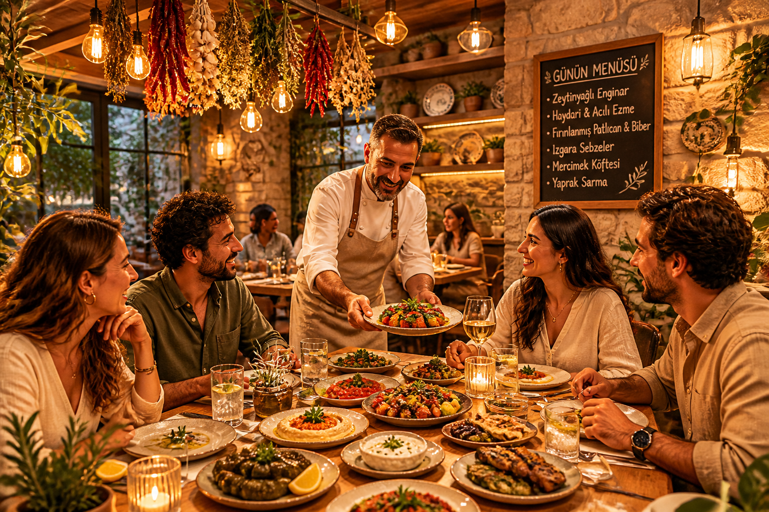 () editorial image of an upscale eco-friendly Turkish restaurant interior &mdash; exposed stone walls, reclaimed wood tables,