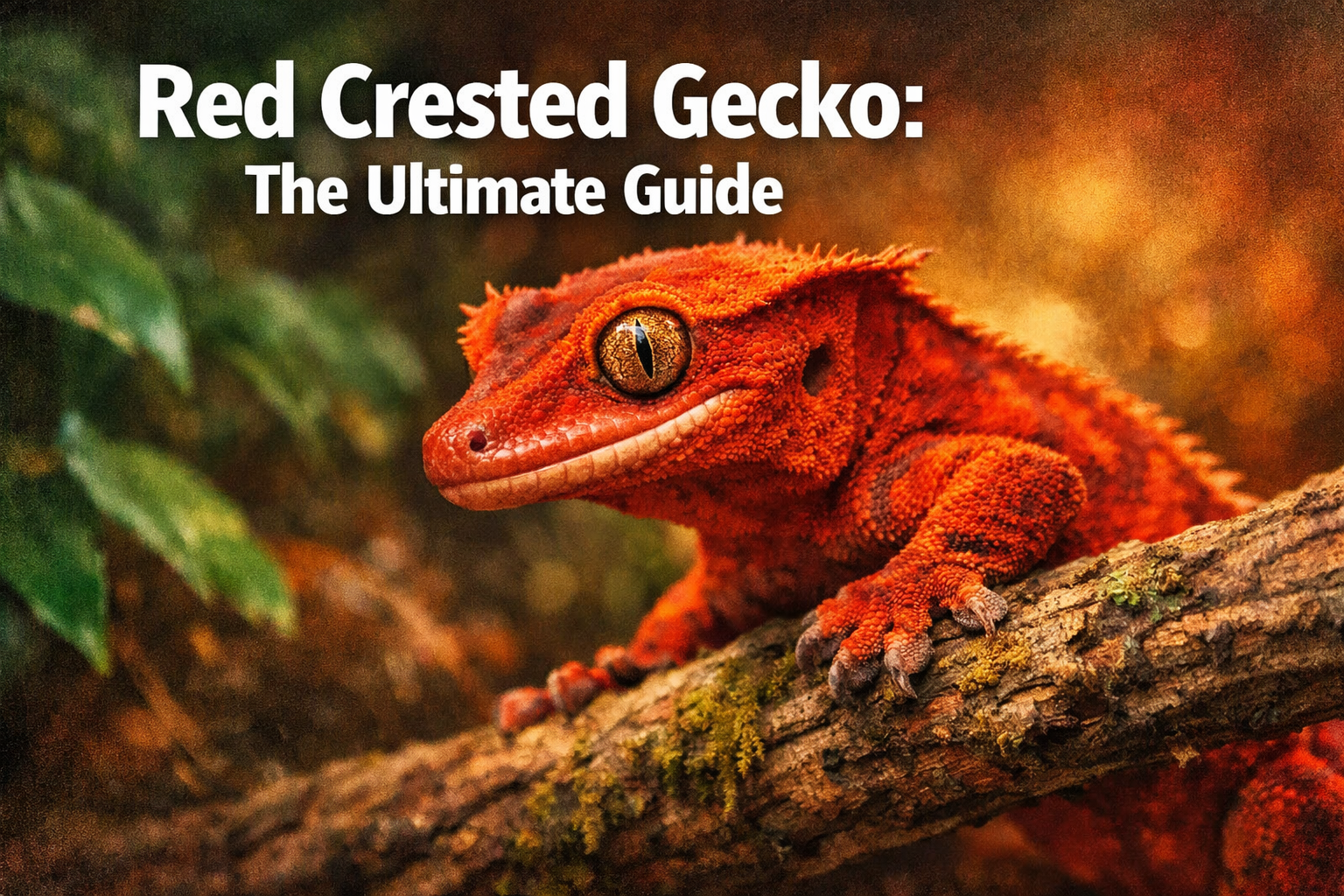 Professional landscape format (1536x1024) hero image featuring bold text overlay 'Red Crested Gecko: The Ultimate Guide' in extra large 70pt