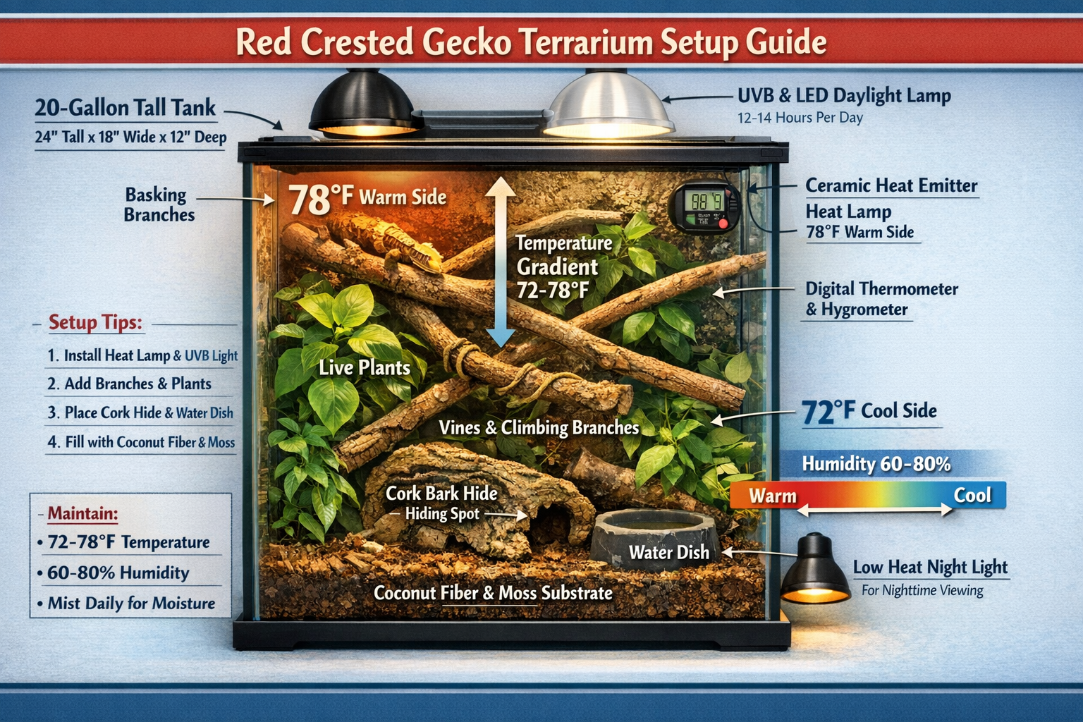 Comprehensive landscape format (1536x1024) terrarium setup guide visualization showing complete red crested gecko habitat with labeled compo