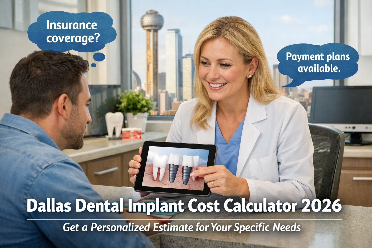 A () image depicting a patient consulting with a friendly, discussing their dental implant options on a tablet. The image