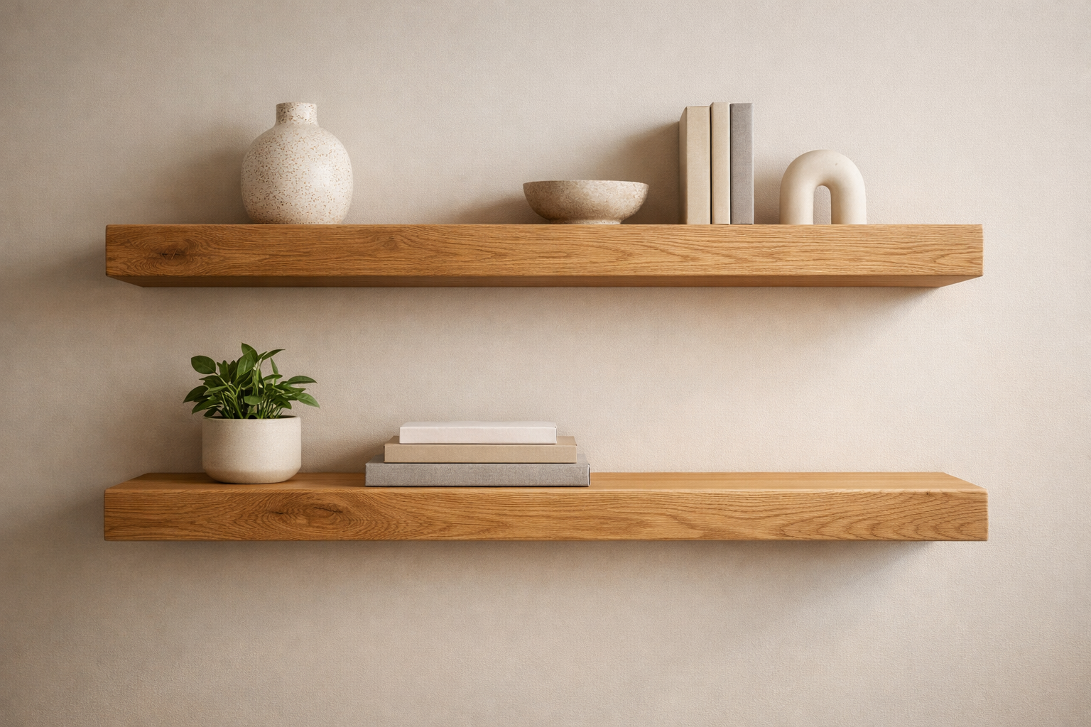 An inspiring landscape image (1536x1024) showcasing finished robust floating shelves with hidden fasteners in a 2026 warm minimalist setting