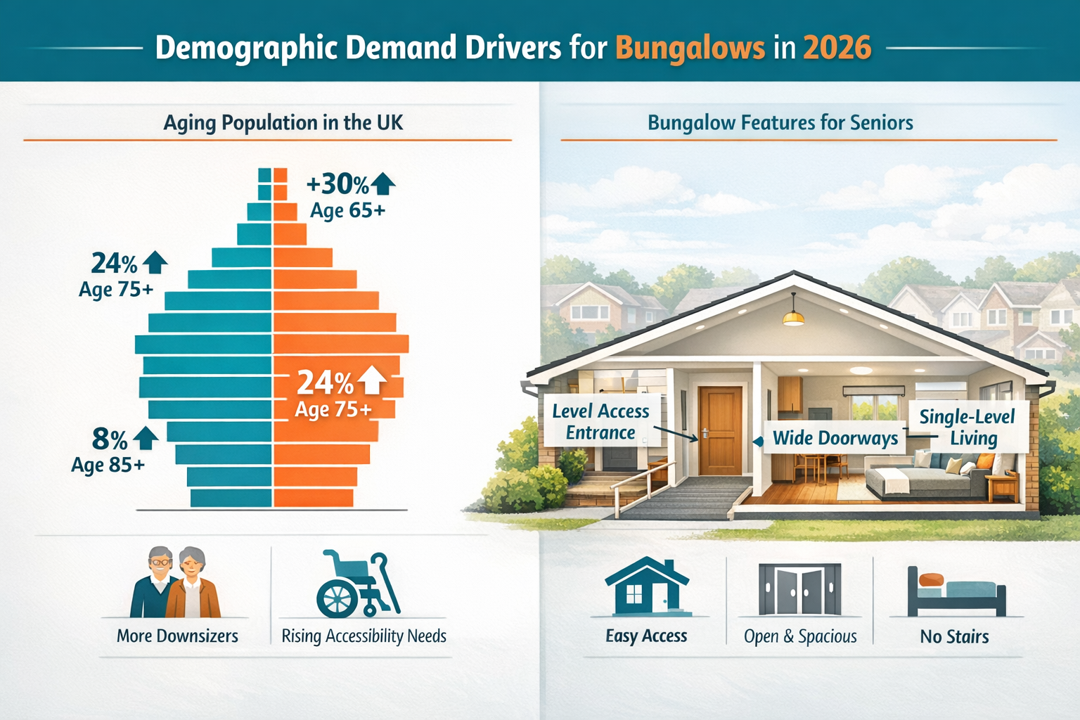 Landscape format (1536x1024) detailed infographic showing demographic demand drivers for bungalows in 2026. Split-screen composition with le