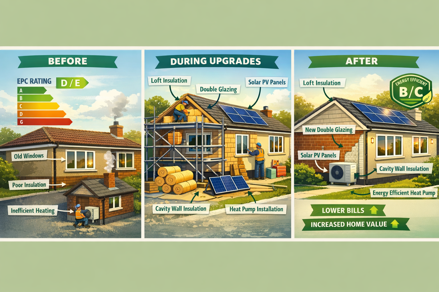 Landscape format (1536x1024) comprehensive visualization of bungalow retrofit and energy upgrade options. Three-panel comparison showing sam
