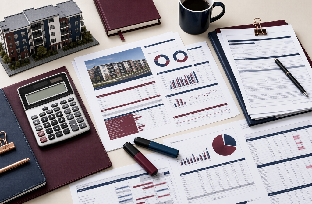 Flat-lay overhead shot of a financial planning workspace with a multifamily property analysis worksheet, cap rate