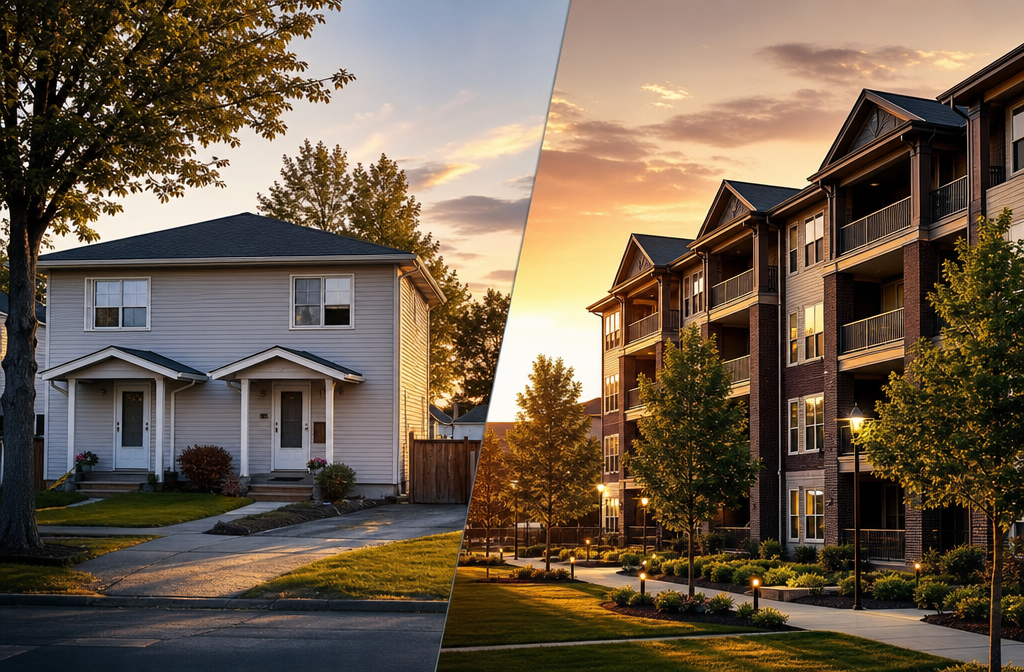Split-composition landscape image showing on the left side a single duplex property on a quiet residential street and on the
