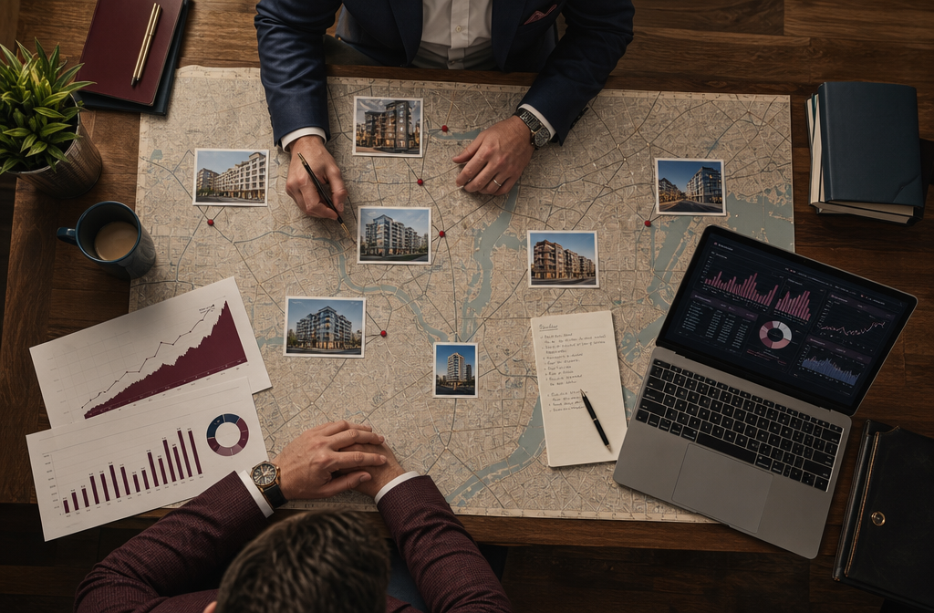 Dynamic bird's-eye perspective of a growing real estate portfolio map spread across a large wooden table showing property