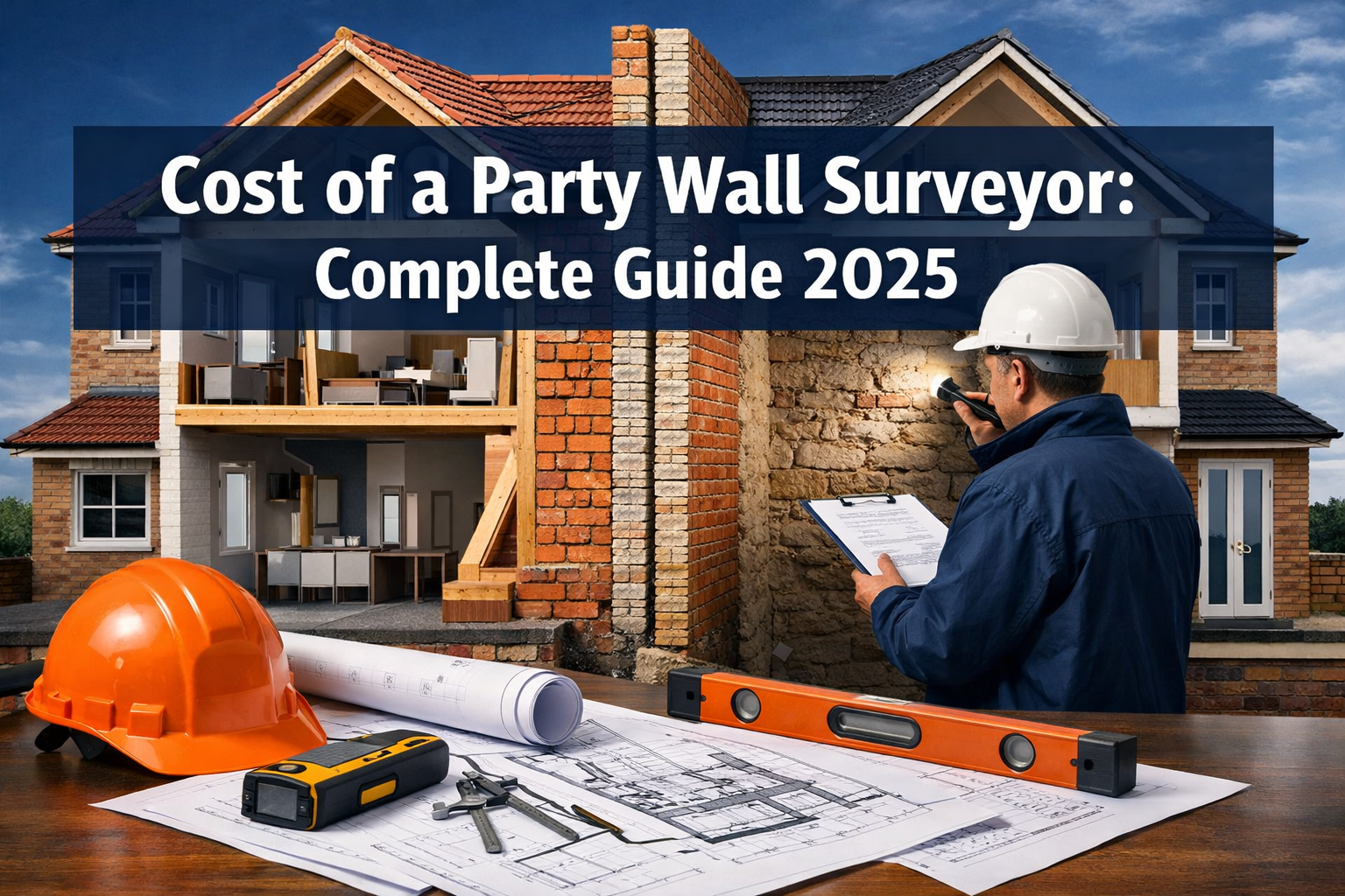Professional landscape hero image (1536x1024) featuring bold text overlay 'Cost of a Party Wall Surveyor: Complete Guide 2025' in extra larg