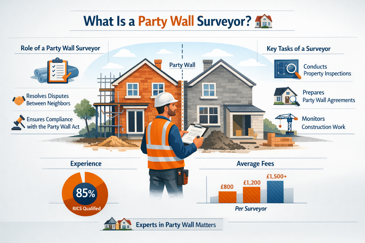 Professional landscape infographic (1536x1024) for article "The Complete Guide to the Cost of a Party Wall Surveyor in 2025", section: "What
