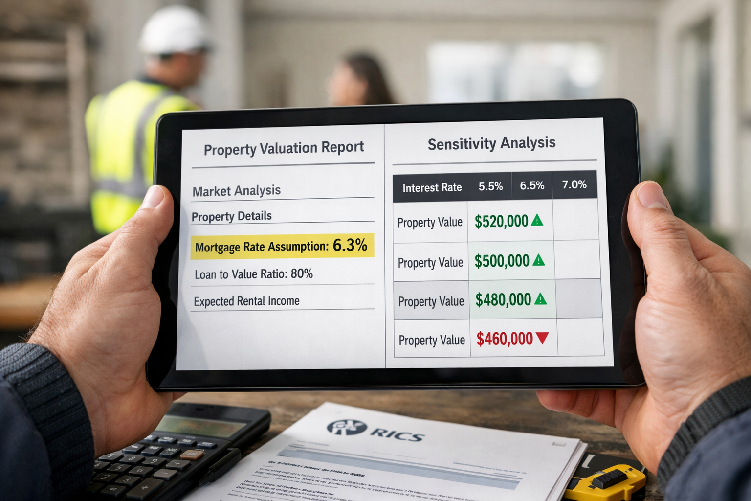 () editorial image showing detailed close-up of surveyor's hands holding tablet displaying dual-screen comparison: left