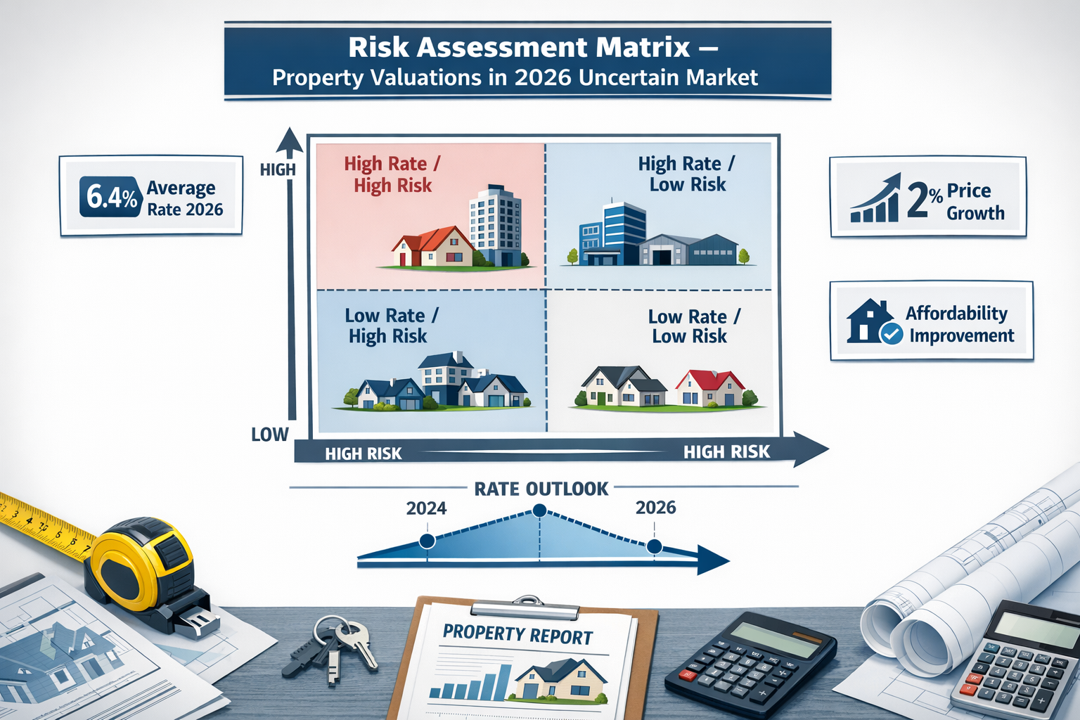 () infographic-style image depicting risk assessment matrix for property valuations in 2026 uncertain market. Central focus