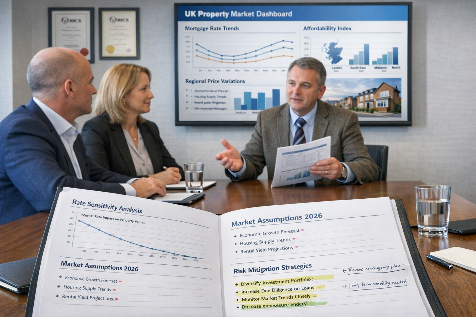 () professional scene showing surveyor in modern office presenting valuation documentation to mortgage lender