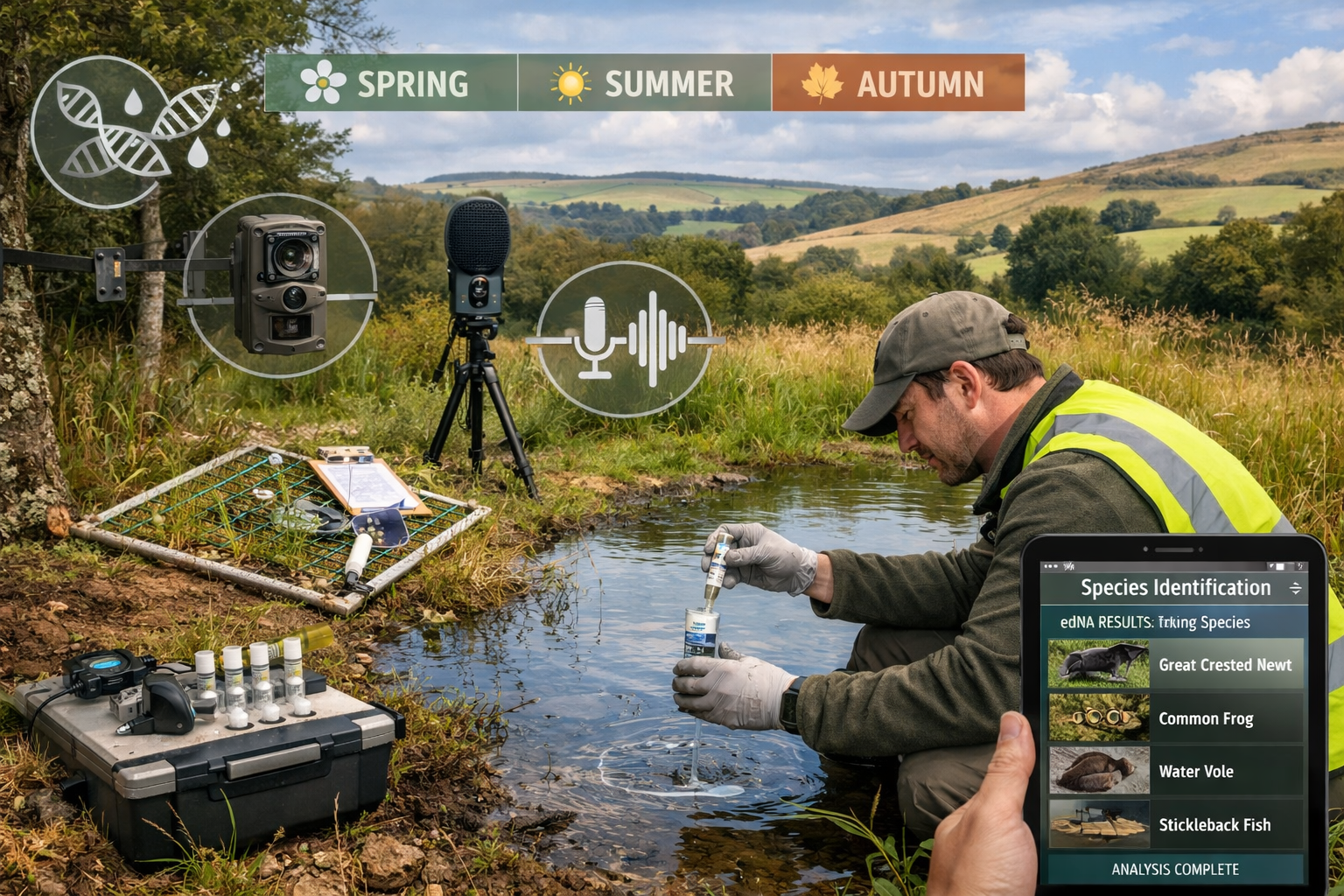 () outdoor field scene showing professional ecologist conducting multi-season biodiversity survey in British countryside.