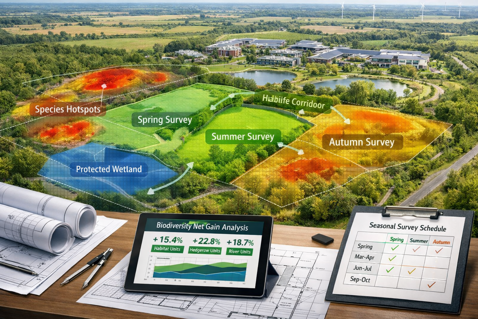 () professional development site planning visualization showing aerial view of construction project area with biodiversity