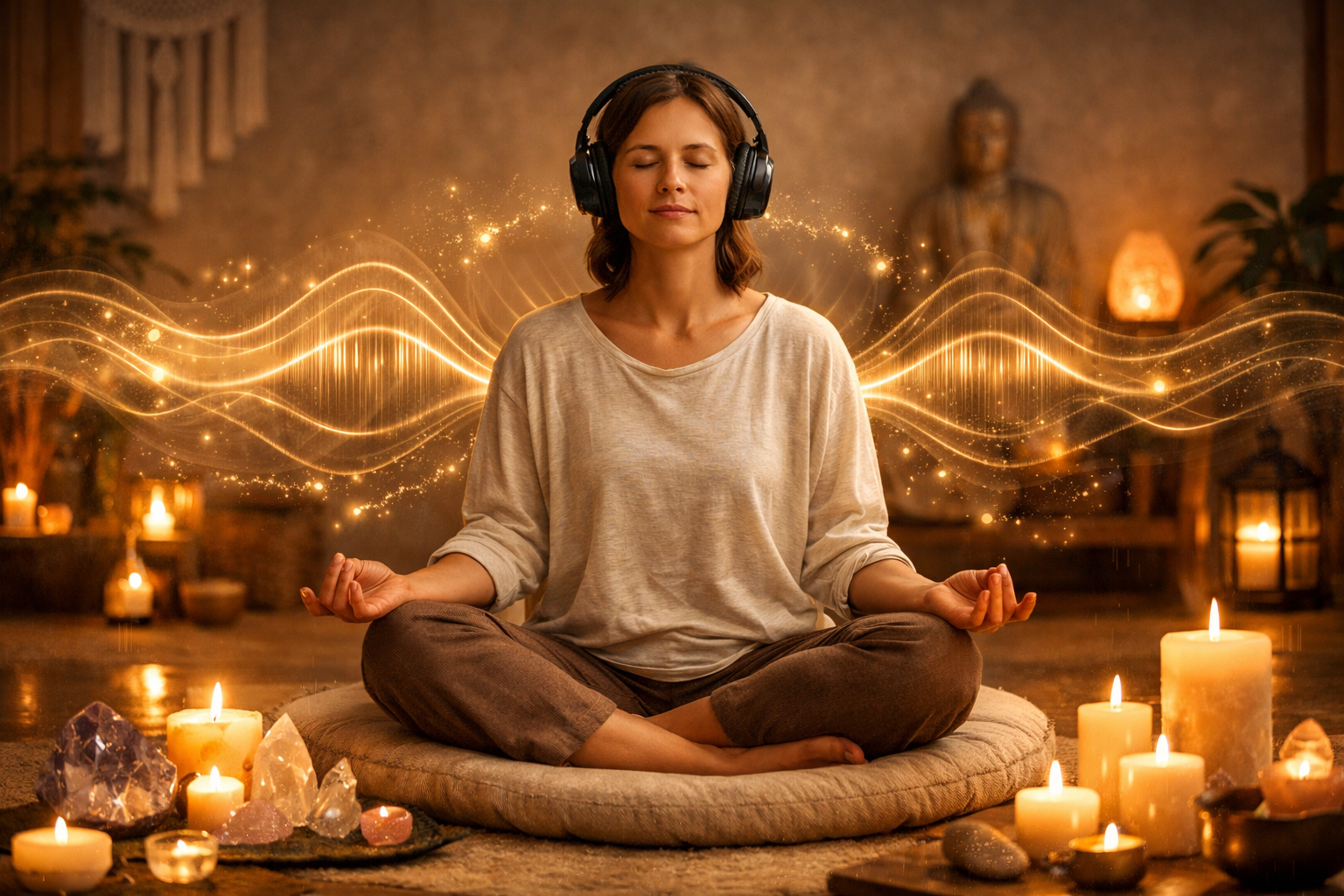 () image showing peaceful meditation studio with person wearing headphones in comfortable seated position, eyes closed in