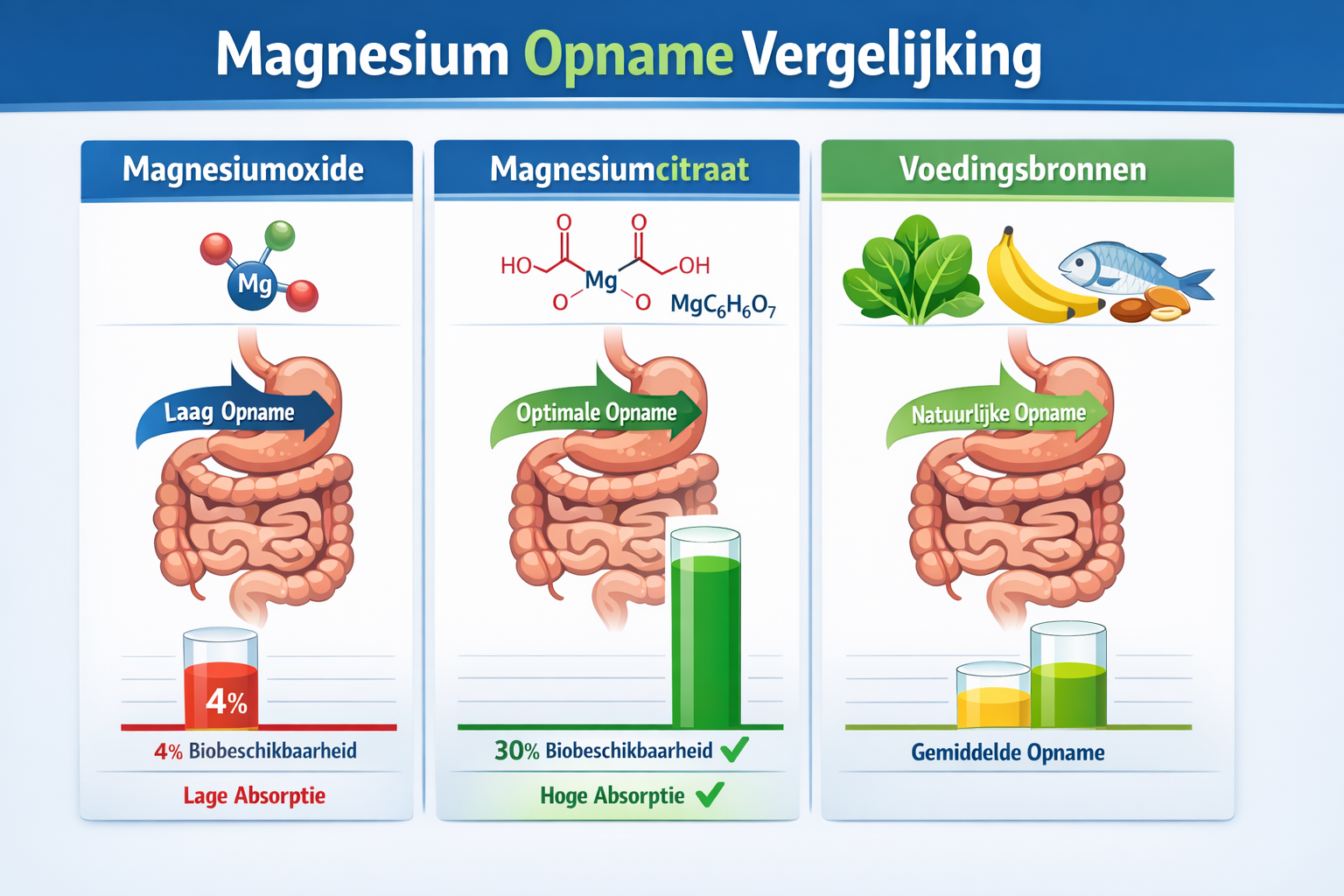 Afbeeldingen met Nederlandse tekst Landscape format (1536x1024) modern scientific infographic showing magnesium absorption comparison chart 