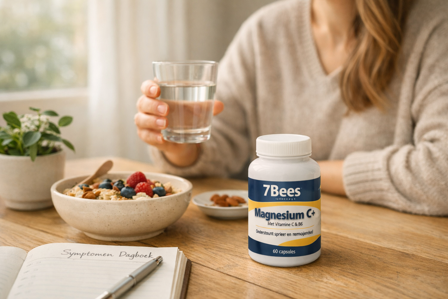 Afbeeldingen met Nederlandse tekst Landscape format (1536x1024) lifestyle photograph of peaceful morning routine scene: woman in comfortable