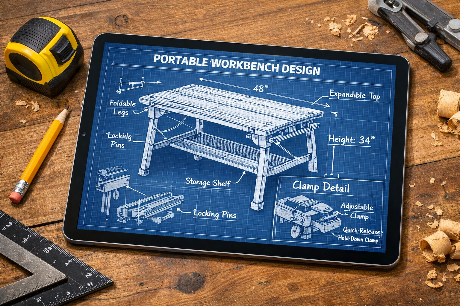 A detailed landscape image () illustrating the planning and design phase for building a DIY portable workbench. The image