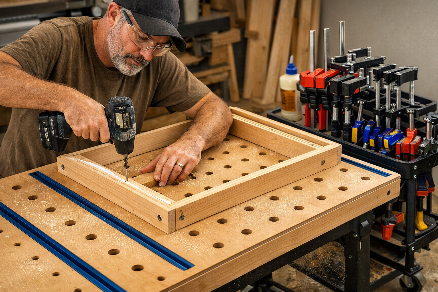 A landscape image () capturing the construction process of a portable workbench, specifically focusing on the integration of