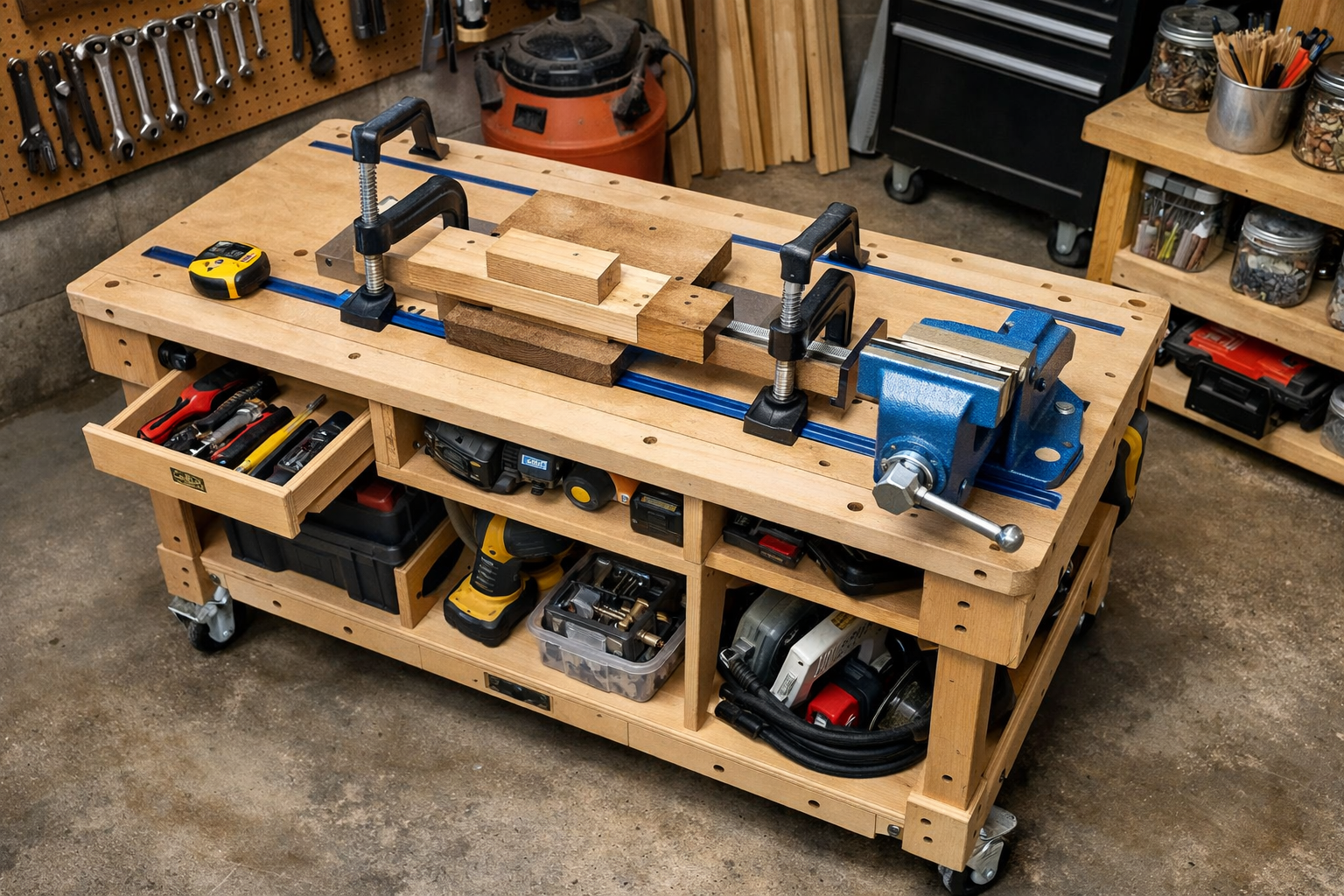 A high-angle landscape image () showcasing a fully assembled DIY portable workbench with integrated clamping and a removable