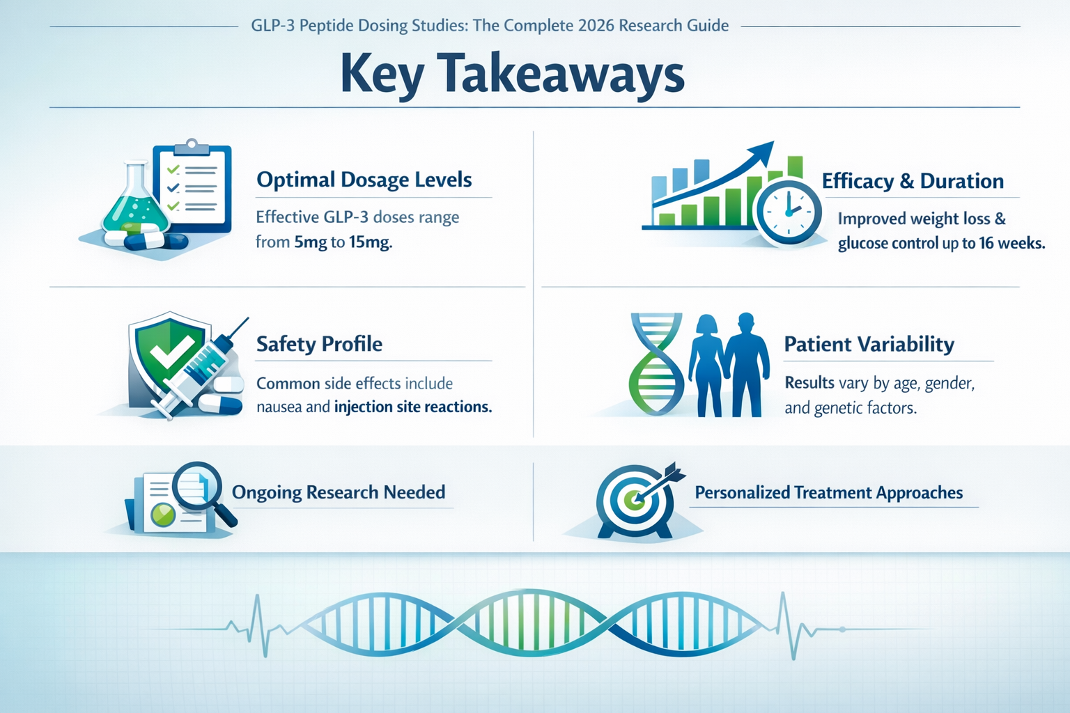 Professional infographic for article "GLP-3 Peptide Dosing Studies: The Complete 2026 Research Guide", section: "Key Takeaways". Include rel