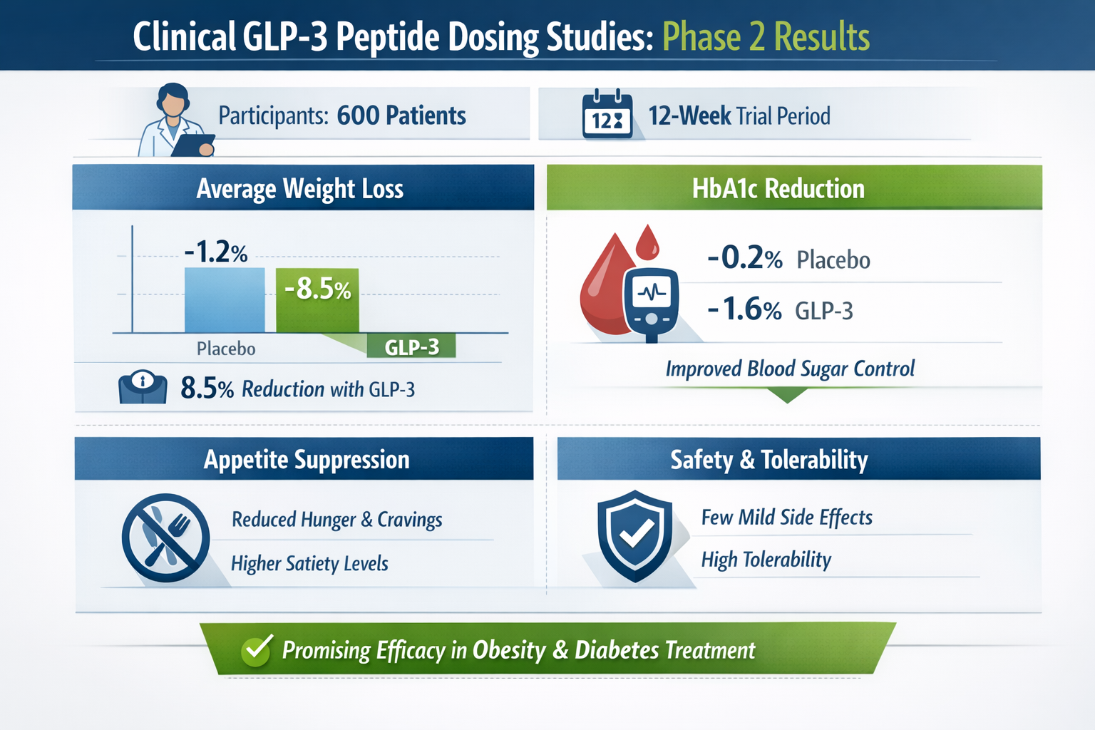 Professional infographic for article "GLP-3 Peptide Dosing Studies: The Complete 2026 Research Guide", section: "Clinical GLP-3 Peptide Dosi