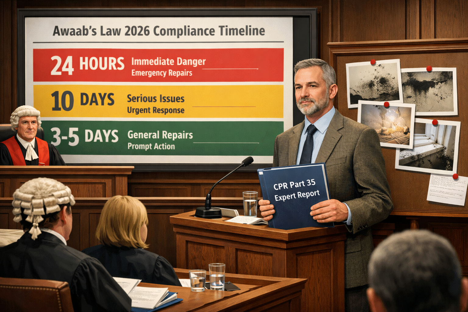 Wide-angle () editorial illustration showing a formal courtroom setting with a professional expert witness surveyor standing