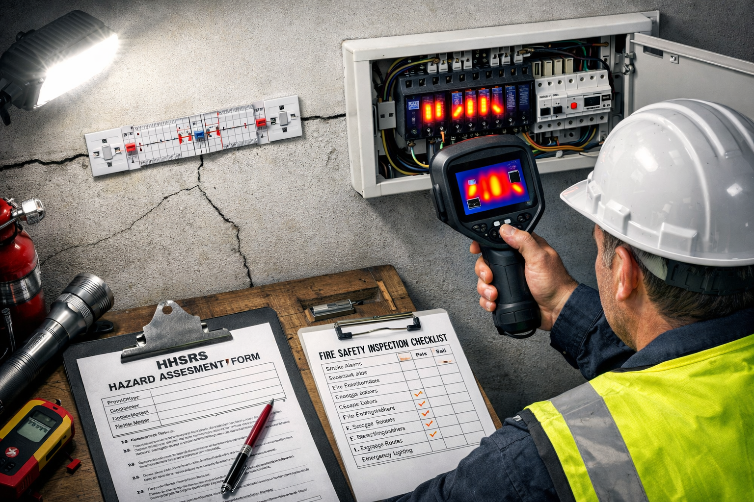 Overhead bird's-eye () showing a property inspection scene in a private rented sector flat. A chartered surveyor in hi-vis