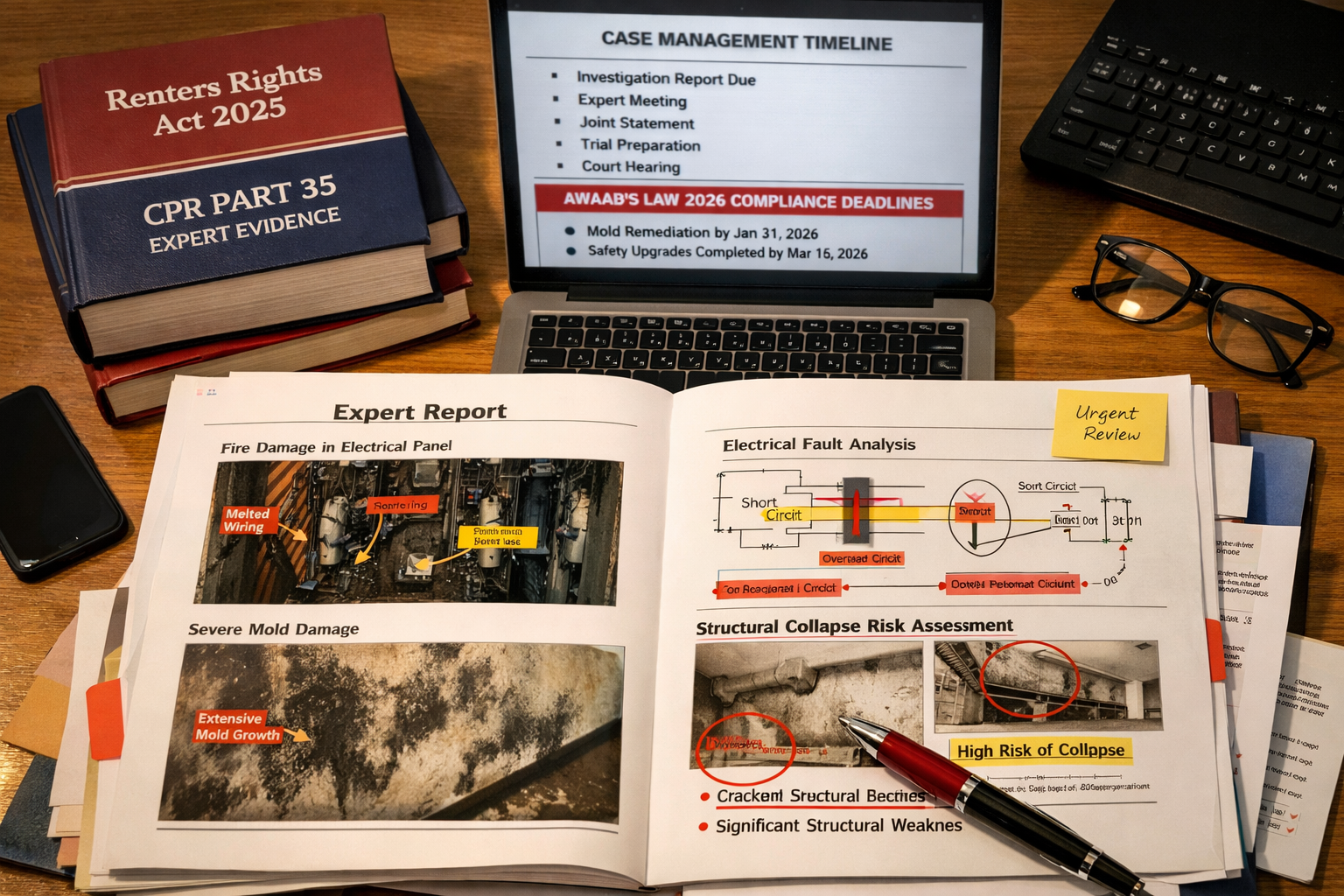 Close-up () showing a professional desk scene from above: an open expert witness report with annotated photographs of fire