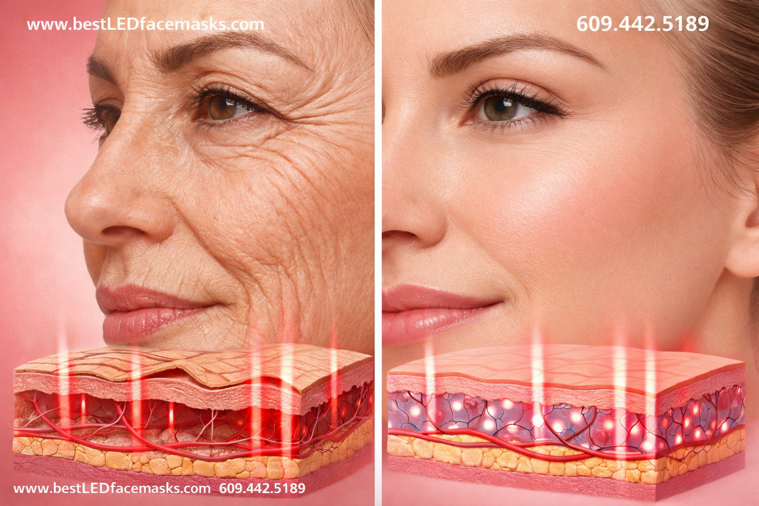 () editorial illustration showing a close-up split-panel comparison: left side shows aging skin with fine lines and