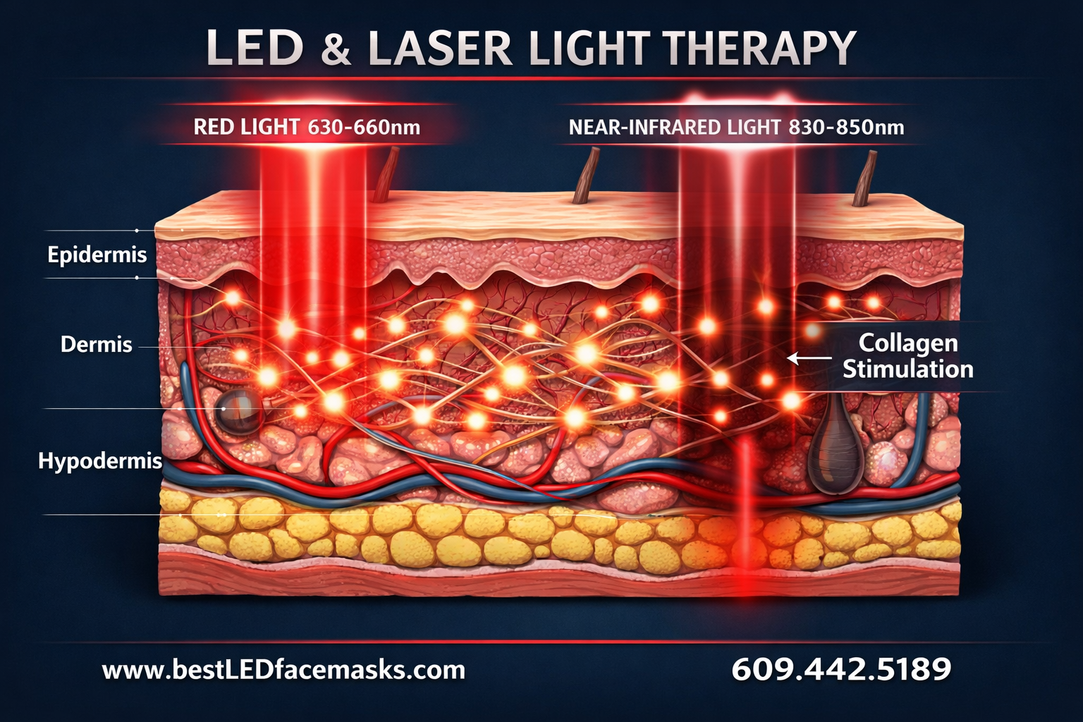 () detailed cross-section diagram of human skin layers (epidermis, dermis, hypodermis) with red 630-660nm and near-infrared