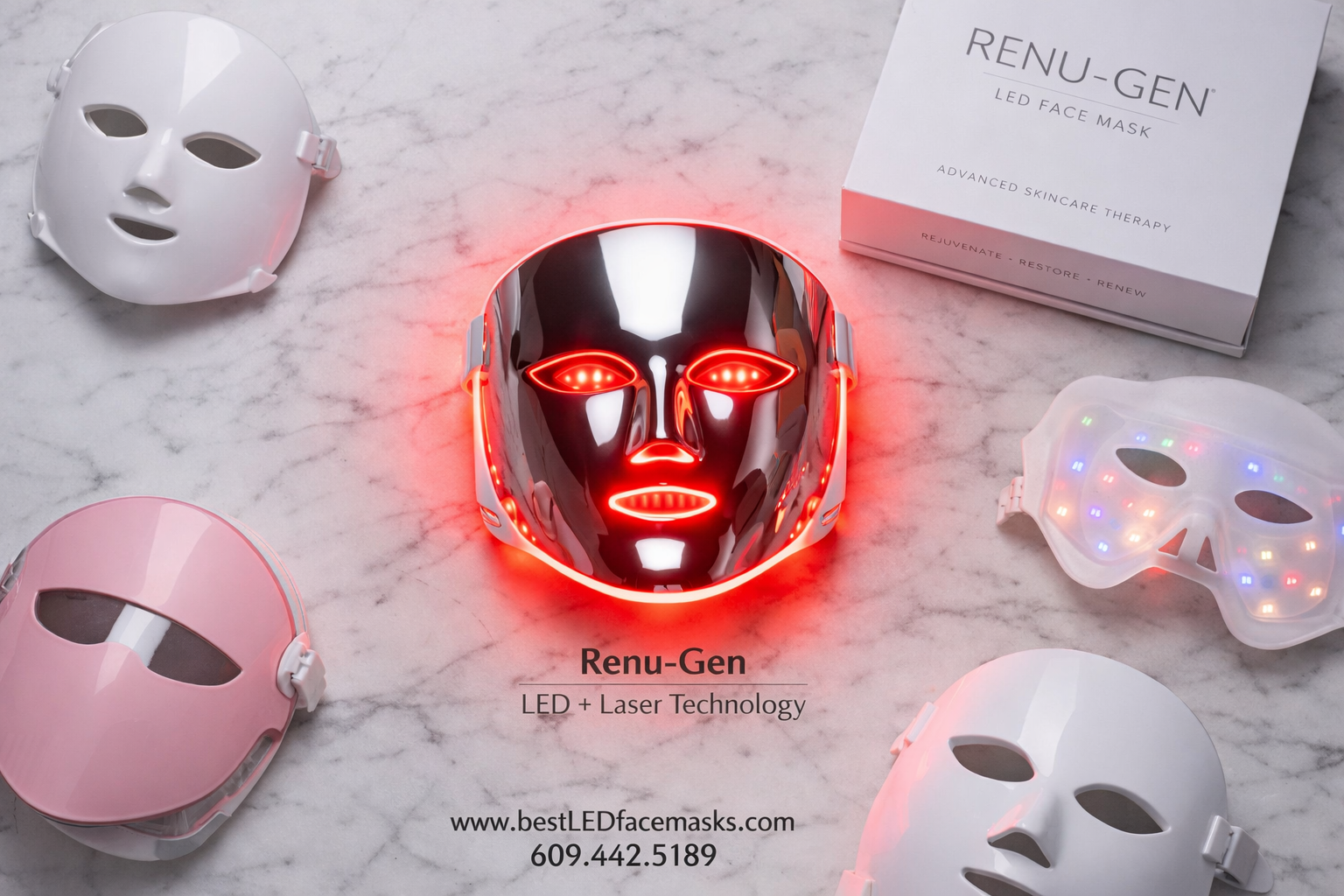 () product comparison flat-lay photograph showing the Renu-Gen LED face mask prominently centered on a white marble surface,