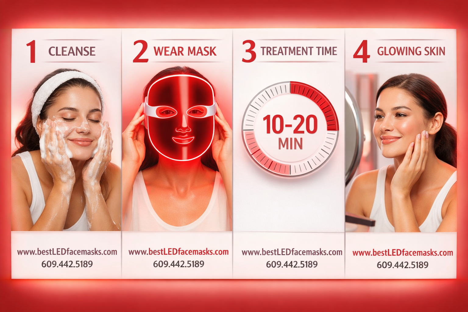 () step-by-step skincare routine infographic showing four numbered panels: 1) woman cleansing face, 2) woman applying