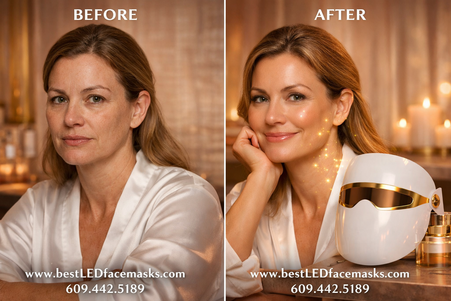 () before-and-after style editorial image showing a woman in her 40s with confident glowing skin, Renu-Gen LED face mask