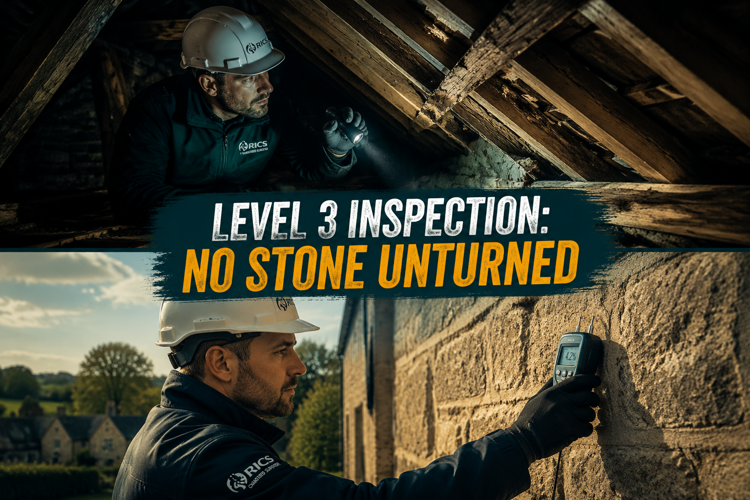 () showing a split-scene aerial and ground-level view: top half depicts a chartered surveyor in hard hat accessing a dark