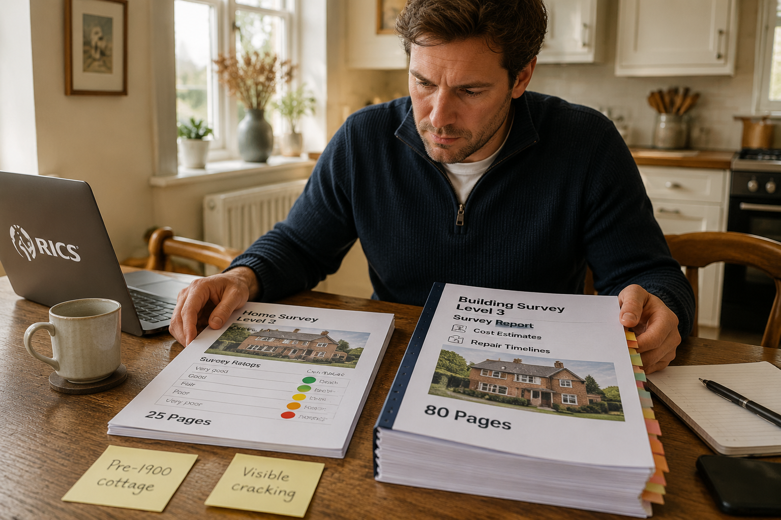 () showing a British property buyer at a kitchen table reviewing two survey reports side by side — a thin 25-page Level 2